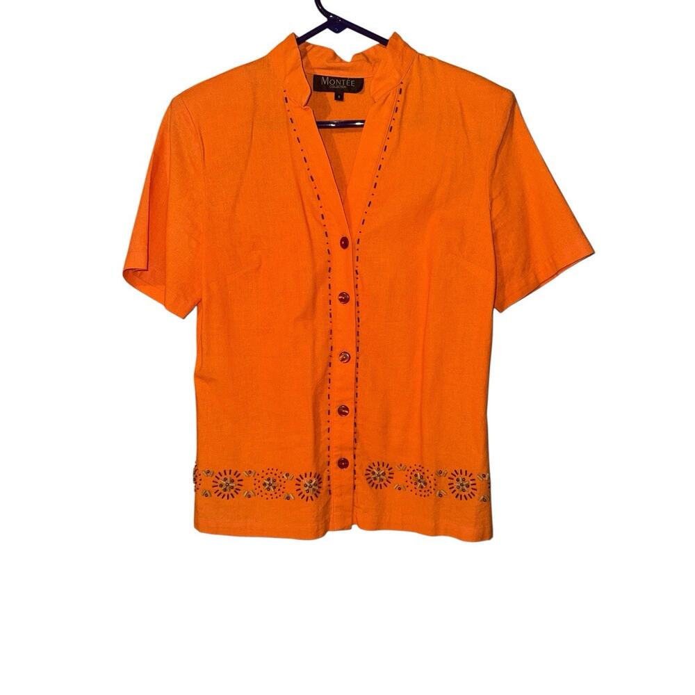 Vintage Montee Collection Orange Button Front Beaded Boho Shirt Blouse SZ 8
